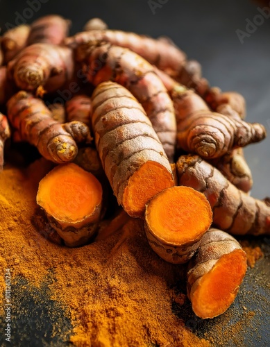  turmeric roots, highlighting the bright orange interior and rough, earthy skin.