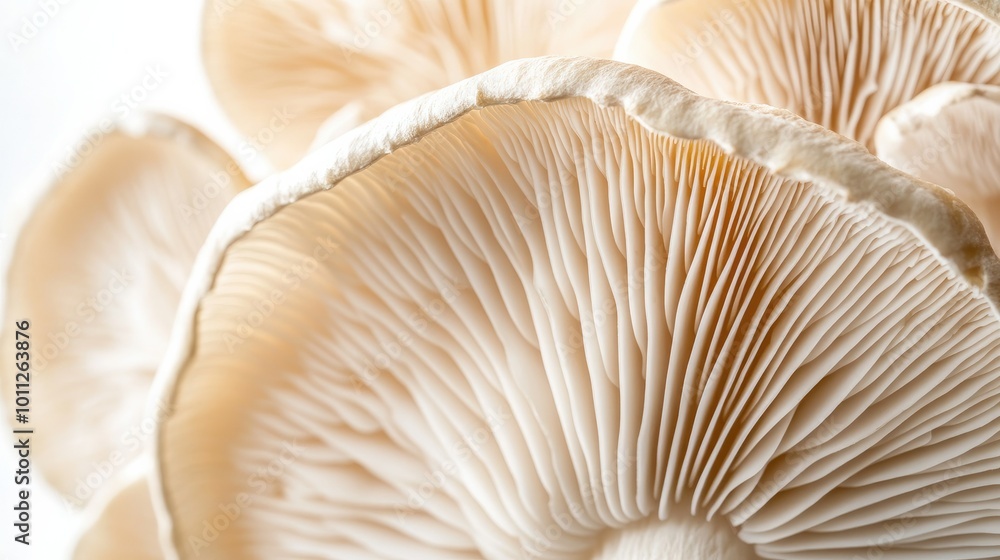A close-up of a sliced mushroom, revealing its inner texture, placed on a white background to focus on its fresh, organic appeal. A close-up of a sliced mushroom, revealing its inner texture, placed on a white background to focus on its fresh, organic appeal.