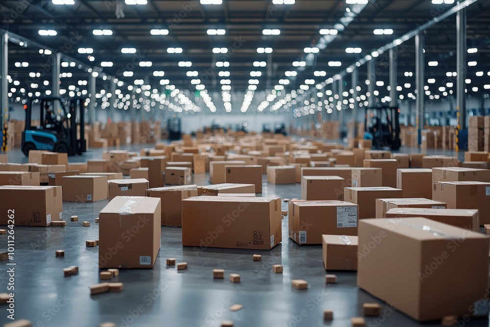 Cardboard Boxes Scattered Throughout a Large Warehouse Cardboard Boxes Scattered Throughout a Large Warehouse