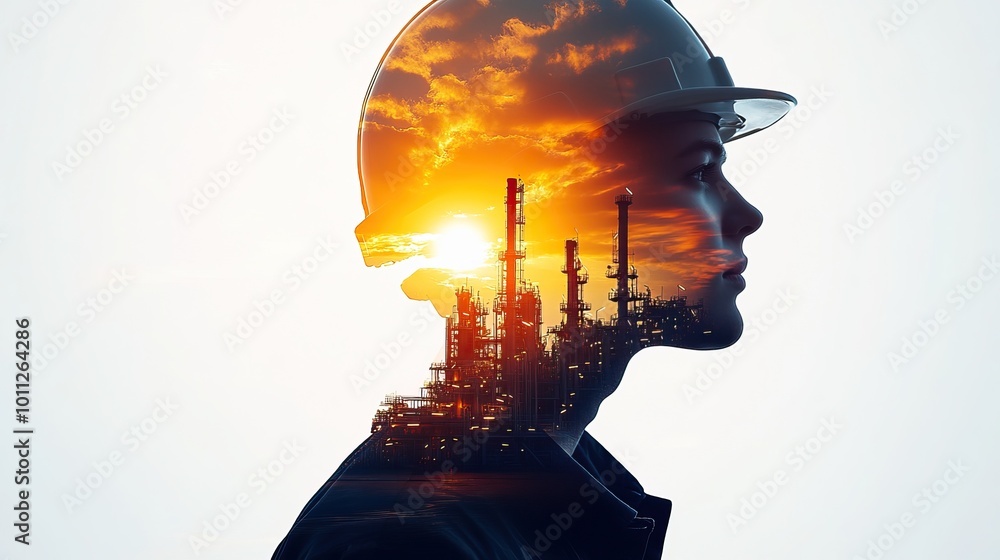 Silhouette of a worker with an industrial landscape and sunset inside his profile, white isolated background. Silhouette of a worker with an industrial landscape and sunset inside his profile, white isolated background.
