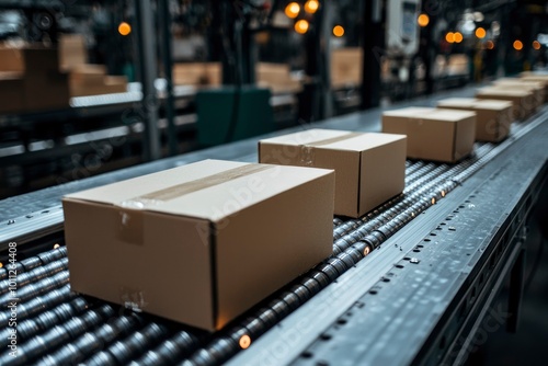 Cardboard Boxes Moving on a Conveyor Belt in a Factory