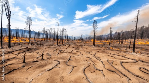 Forest fires followed by heavy floods, barren land struggling to recover, showcasing the destructive cycle of extreme weather photo