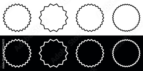 Outline Star burst shape tags for price. Collection of Wavy edge circle. Vector illustrations set isolated on black and white background.