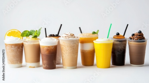 A collection of takeaway drink cups with coffee, frappes, and fresh juices, all neatly displayed on a white background, highlighting convenience and choice.