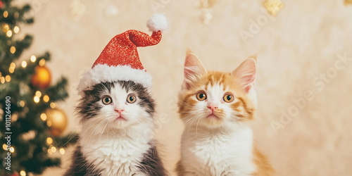 A cute fluffy red white grey kitten in a christmas hat sitting on the ground against an Christmas tree with silver decor photo