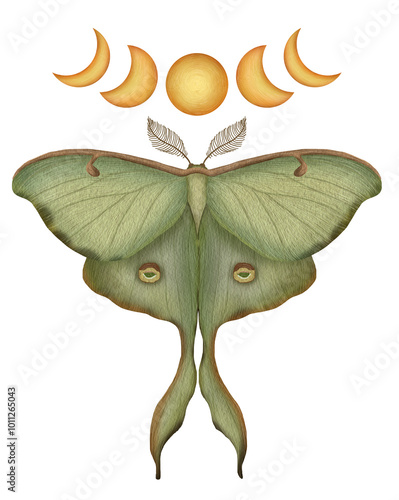 Luna Moth with Moon Phases, Mystical Nature Illustration