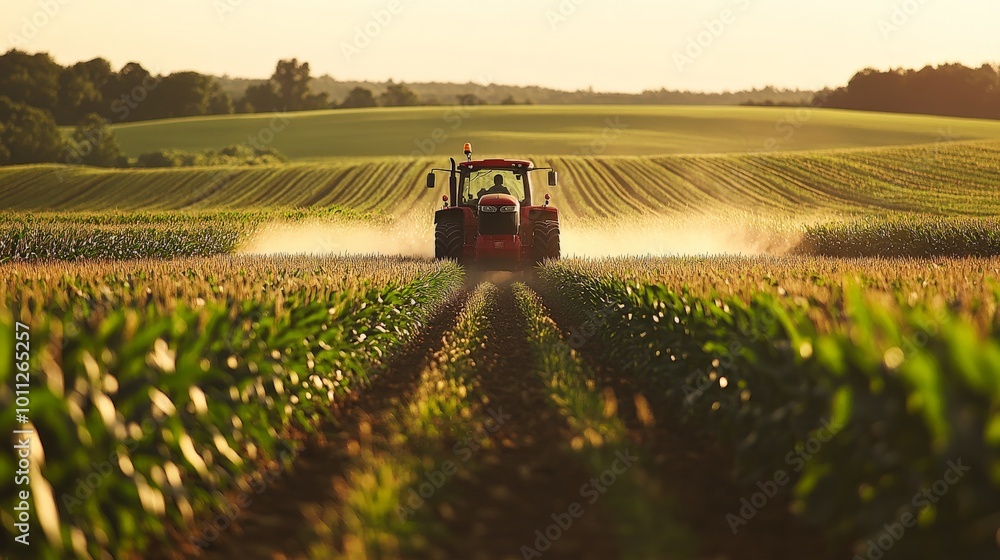Modern Farming Tractor Spraying Pesticides on Spring Cornfield Modern Farming Tractor Spraying Pesticides on Spring Cornfield