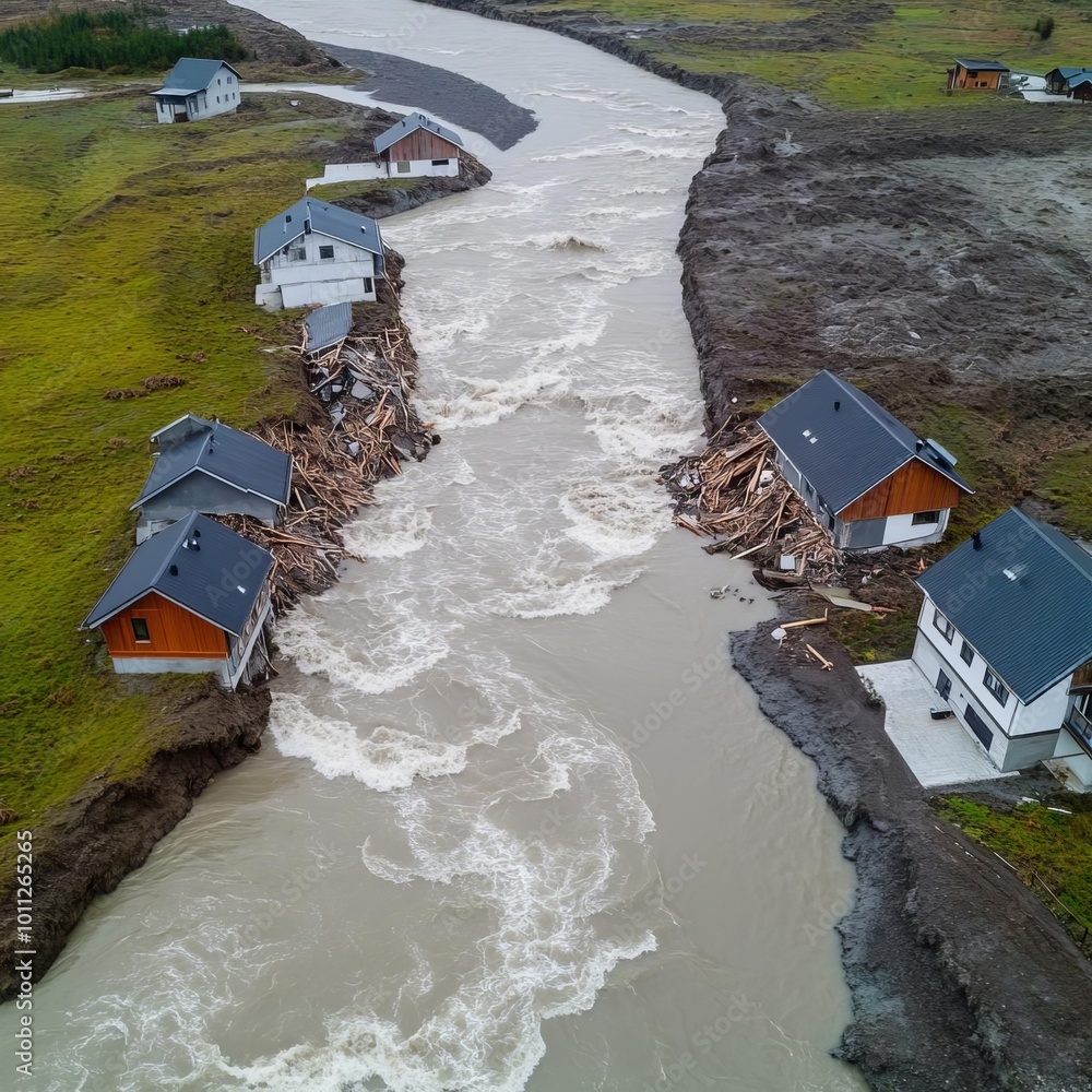 Homes collapsing into a flooded river, symbolizing the relentless power ...