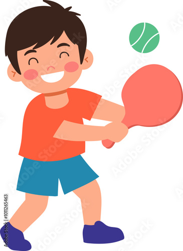 Happy Boy Playing Tennis with Racket and Ball Illustration