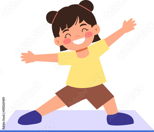 Happy Girl Doing Yoga Exercises on Mat  Cartoon Illustration photo