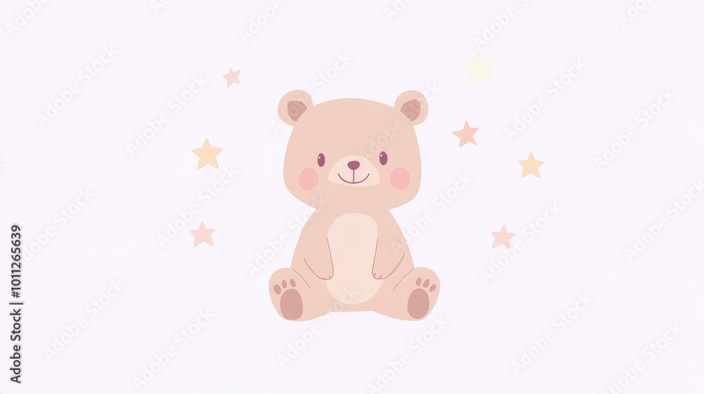 A cute sitting bear with rosy cheeks, surrounded by stars on a pastel purple background, perfect for bedtime stories and children's themes. A cute sitting bear with rosy cheeks, surrounded by stars on a pastel purple background, perfect for bedtime stories and children's themes.