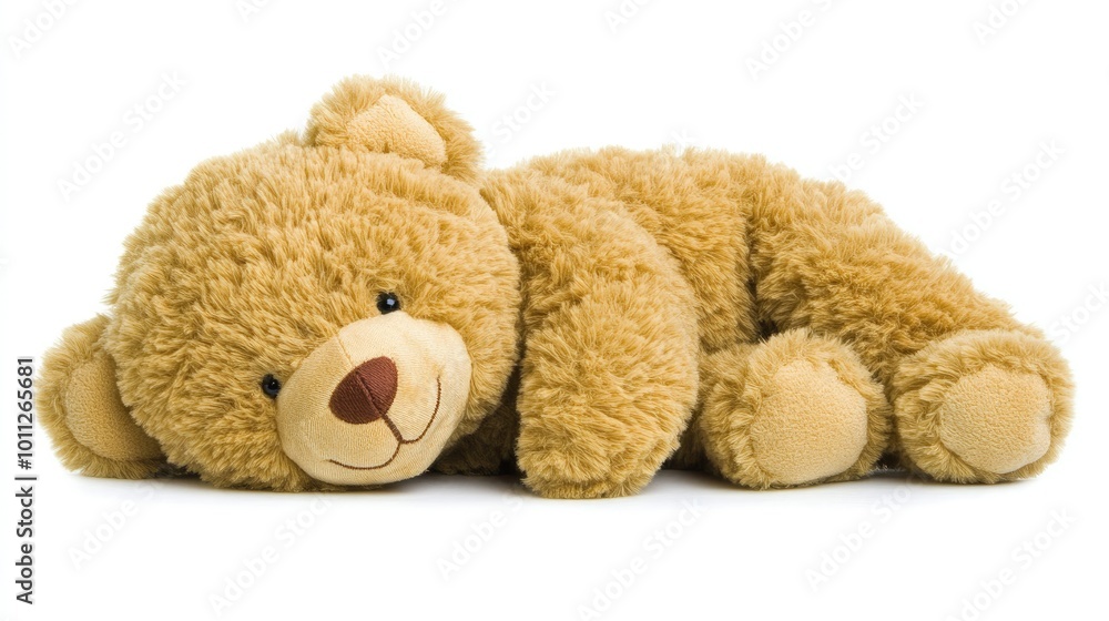 Obraz premium A cute stuffed animal toy lying flat on a white background, perfect for illustrating childhood memories or toy store promotions.