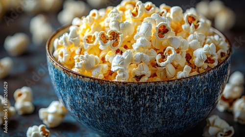 Deliciously fluffy popcorn in a textured blue bowl, perfect for movie night or snacking during a cozy evening