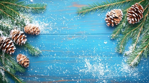 Christmas background: fir branches, cones on blue wood.