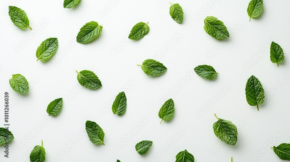 A detailed shot of single mint leaves scattered on a white background, emphasizing their fresh, aromatic appeal for natural or organic themes. A detailed shot of single mint leaves scattered on a white background, emphasizing their fresh, aromatic appeal for natural or organic themes.