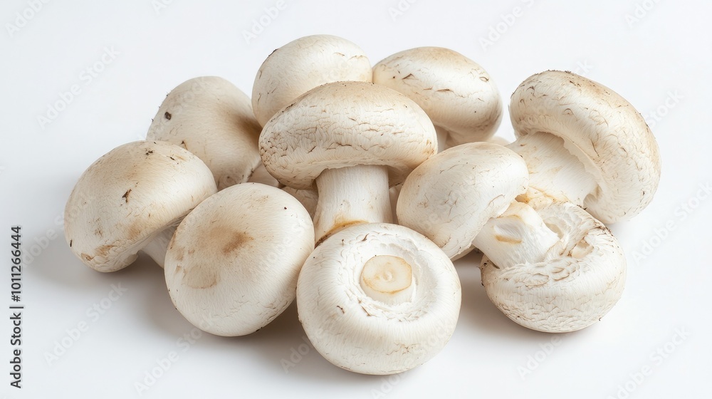 A group of fresh button mushrooms, neatly arranged on a clean white background, highlighting their smooth texture and natural shape. A group of fresh button mushrooms, neatly arranged on a clean white background, highlighting their smooth texture and natural shape.