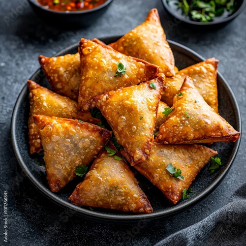 A plate of samosas, perfectly lit in a studio setting, with golden crispy pastry and spicy filling spilling out slightly.