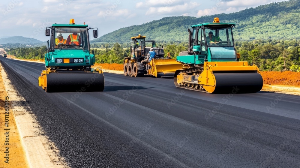 Road Construction in Progress Asphalt Paving Machines and Workers Creating a Smooth Highway Road Construction in Progress Asphalt Paving Machines and Workers Creating a Smooth Highway