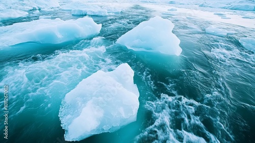 Polar ice caps melting, forming massive floods, dramatic close-up of ice chunks in rapid water, capturing global warming s effects photo