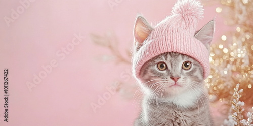 A cute fluffy red white grey kitten in a christmas hat sitting on the ground against an Christmas tree with silver decor photo