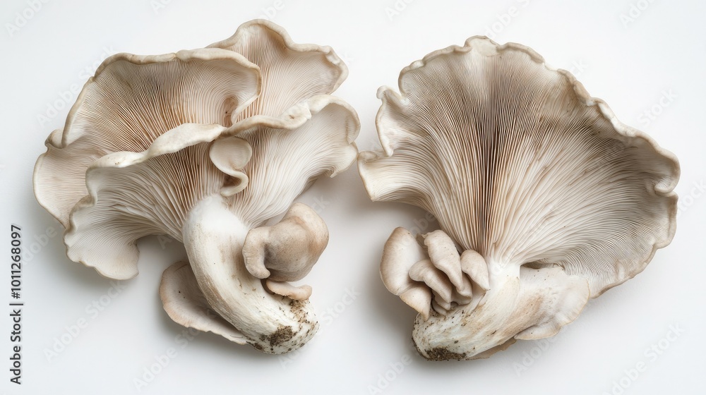 A pair of raw oyster mushrooms, laid flat on a white background, capturing their delicate structure and smooth texture. A pair of raw oyster mushrooms, laid flat on a white background, capturing their delicate structure and smooth texture.