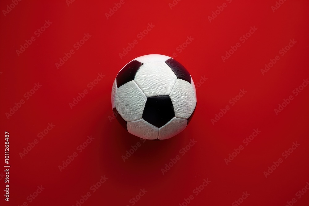 A classic black and white soccer ball resting on a vibrant red backdrop A classic black and white soccer ball resting on a vibrant red backdrop