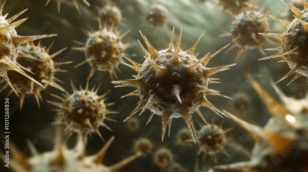 A detailed image showcasing virus particles with spiky surfaces, highlighting their spherical shape and intricate structures typically seen under microscopic examination A detailed image showcasing virus particles with spiky surfaces, highlighting their spherical shape and intricate structures typically seen under microscopic examination