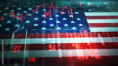 An American flag with a stock market graph going down in the background, in blue and red colors The background is a dark green color and has numbers from the stock exchange