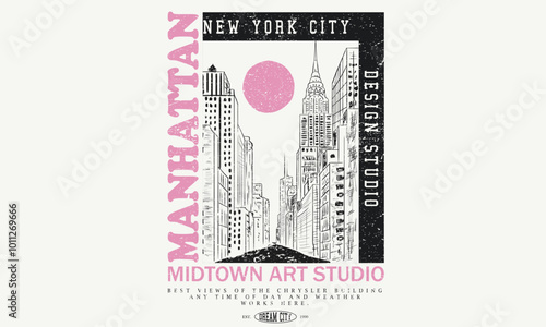 Tudor manhattan rod hand sketch print design. college text print, Creative studio city vibes vector graphic artwork. New york city hand drawing. New York design studio t shirt print design.