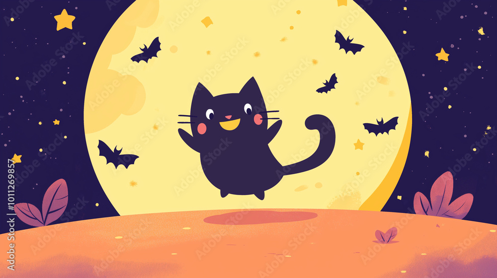 Fototapeta premium 満月の夜に跳ねる黒猫