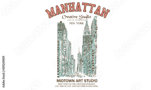 New york city hand drawing. New York design studio t shirt print design, Creative studio city vibes vector graphic artwork. Tudor manhattan rod hand sketch print design. college text print.