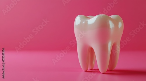 Close up view of a single human tooth displayed against a vivid pink backdrop, illustrating proper dental hygiene practices with a focus on cleanliness and health