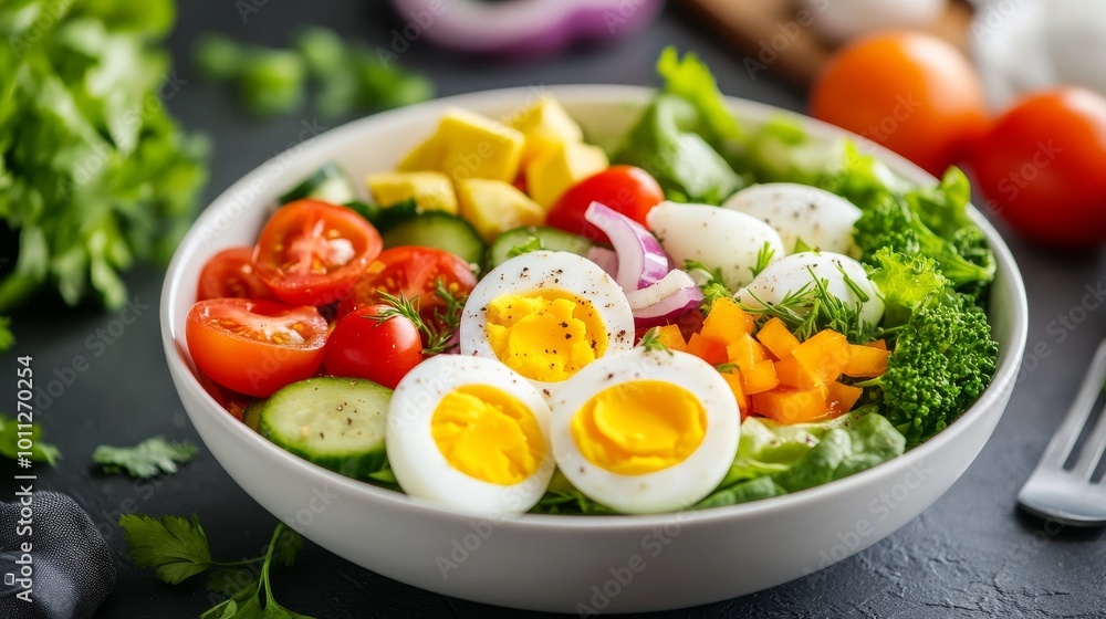 Salad with eggs in bowl, dieting concept. Salad with eggs in bowl, dieting concept.