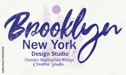 Brooklyn bridge street view. New York design studio t shirt print design, Dumbo manhattan bridge view hand sketch print design. college text print, Creative studio city vibes vector graphic artwork.