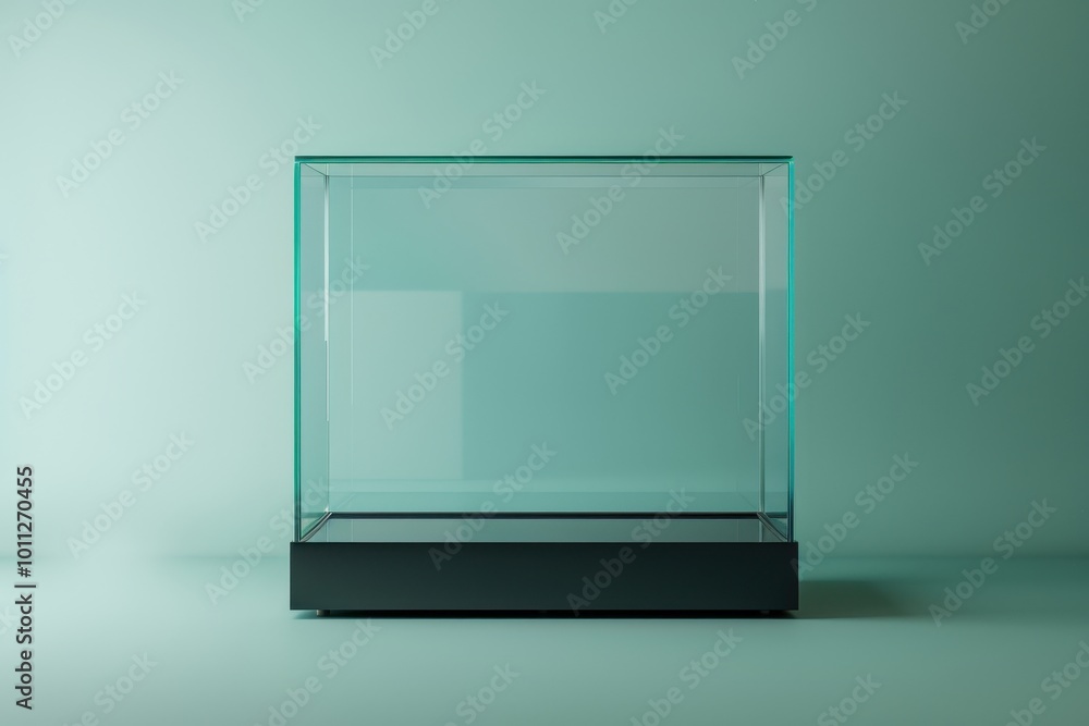 Empty glass display case on a minimalistic backdrop in a subtle green hue Empty glass display case on a minimalistic backdrop in a subtle green hue