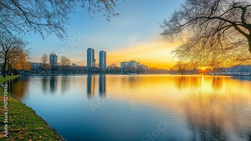 Rotterdam sunset by Kralingse Plas lake. photo