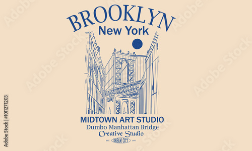 Dumbo manhattan bridge view hand sketch print design. college text print. City back print for t shirt. Brooklyn bridge street view. New York design studio t shirt print design.