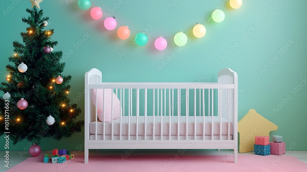 Warm and inviting nursery with holiday lights and a Christmas tree Warm and inviting nursery with holiday lights and a Christmas tree