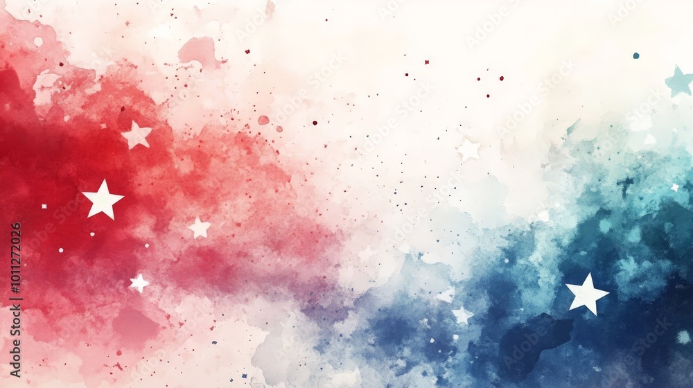Fototapeta premium Abstract USA Patriotic Red, White, and Blue Watercolor with Stars for National Celebrations