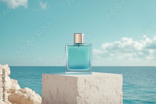A beautiful transparent women perfume bottle stands on a white stone podium against the background sea, perfume mockup on the beach, concept of a fresh sea scent, perfumes with different scents
