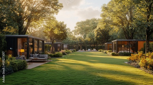 Modular tiny home community with sleek houses and inviting greenery in warm sunlight