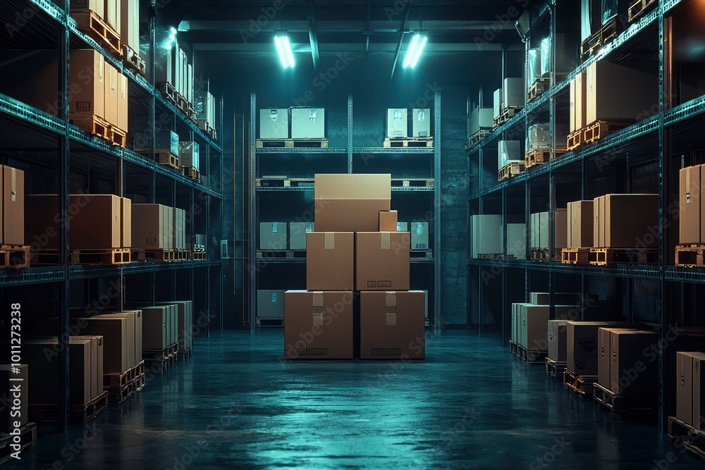 Stacked Cardboard Boxes in a Dimly Lit Warehouse
