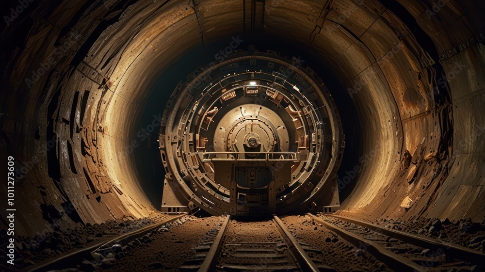 A view down a tunnel, revealing the circular opening of an abandoned mine shaft with two rails leading to it. A view down a tunnel, revealing the circular opening of an abandoned mine shaft with two rails leading to it.