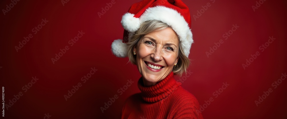 A stunning portrait of a middle-aged woman in a Christmas hat smiling confidently into the camera against a rich dark red backdrop for festive visuals banner. A stunning portrait of a middle-aged woman in a Christmas hat smiling confidently into the camera against a rich dark red backdrop for festive visuals banner.