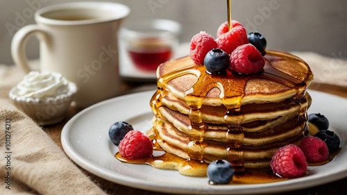 Homemade american pancake with fresh blueberry, raspberries topped by honey. Healthy morning breakfast. rustic style warm light photo