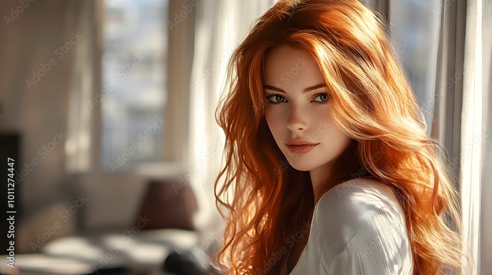 Naklejka premium portret kobiety, rude włosy, długie włosy, falowane włosy, naturalne światło, portret wewnętrzny, niska przysłona, rozmyte tło, realistyczna fotografia, głębia ostrości, eleganckie wnętrze, europejska