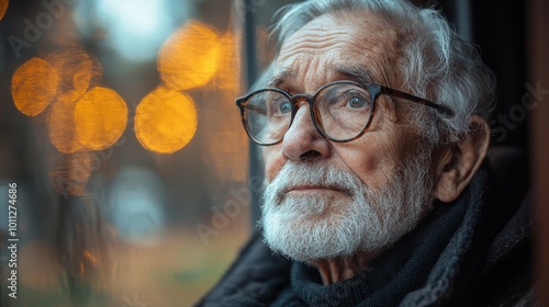 An elderly man gazes thoughtfully out a window, illuminated by warm bokeh lights on a rainy evening