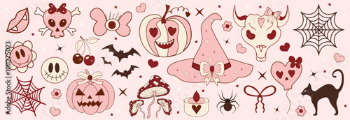 Pink girly coquette halloween set. Lovely cute collection, witch hat, pumpkins with bows, pink ribbon, spider web, skulls. Vector illustration