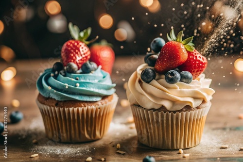 Delicious colored cupcakes with strawberries and blueberries. A festive cupcake that is perfect for fun celebrations. Happy Birthday.