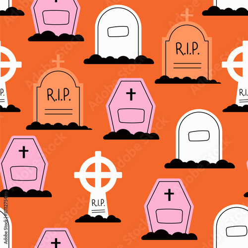 Seamless Halloween pattern with coffins  and tombstones. Happy Halloween, Halloween for kids. Vector illustration in flat style